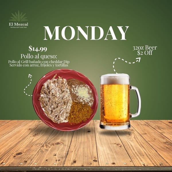 El Mezcal's Pollo al Queso with rice and beans, alongside a large mug of beer.