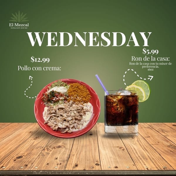 El Mezcal's Wednesday special: Pollo con crema with rice and sides, and a rum drink with lime.