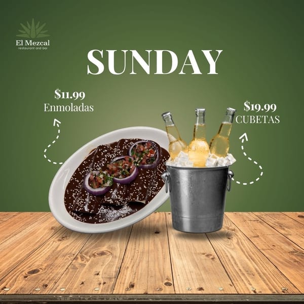El Mezcal's Sunday special: Enmoladas with red onion and pico de gallo, and a bucket of beers.